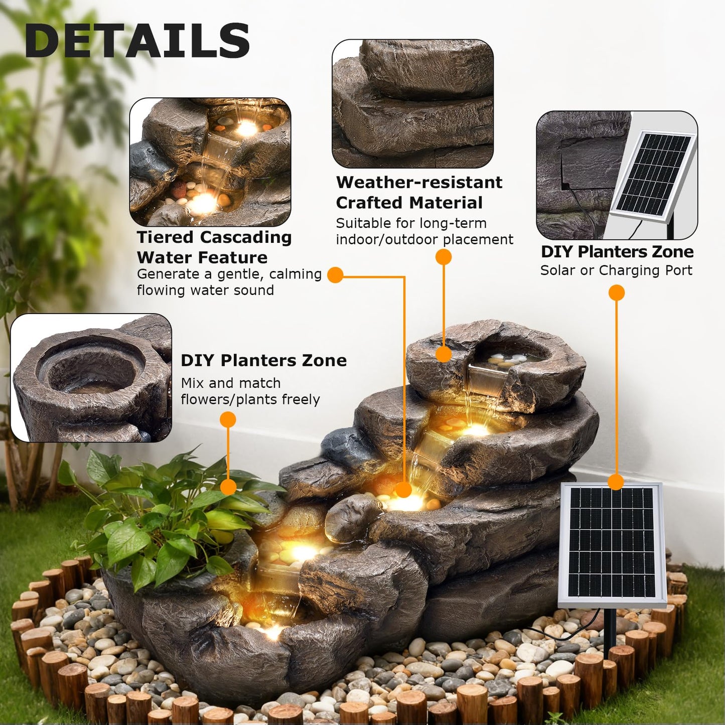 Pivotify 38.2" L Solar Water Fountain Outdoor,5-Tier Rock Waterfall Fountains Solar Powered Floor Standing Outdoor Water Feature with LED Lights for Patio, Garden,Porch, Yard, Home Art Decor（Brown）