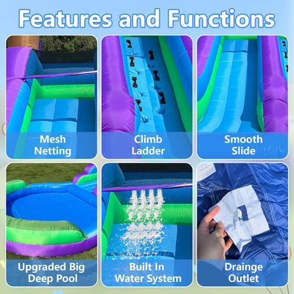 Inflatable Water Slide Backyard with Powerful Blower, Splash Pool & Spray Feature – Durable, Easy Setup, Fast Drainage, Summer Outdoor Water Park Fun for Kids & Adults (Rain Forest)