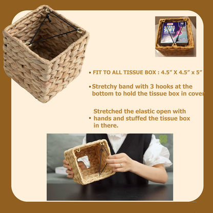 KOLWOVEN Tissue Box Holder - Square- Rattan Wicker Tissues Cube Box Cover -Boho Decorative Woven Facial Tissue Holder on Table and Barthroom (Square)
