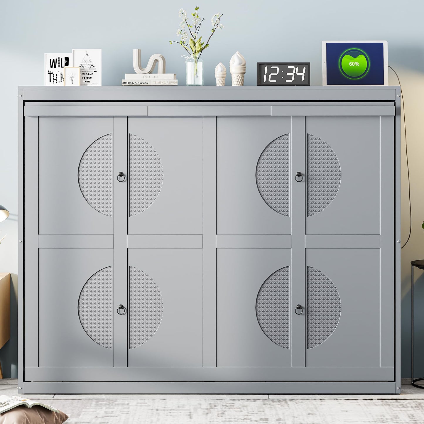 Ball & Cast Murphy Bed Full Size Wall Chest with Charging Station and Slat Support,Wood Hideaway Cabinet Platform Bedframe w/Leg,can be Folded,Space-Saving,for Small Room,Dorms,Gray