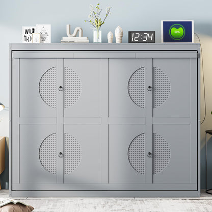 Ball & Cast Murphy Bed Full Size Wall Chest with Charging Station and Slat Support,Wood Hideaway Cabinet Platform Bedframe w/Leg,can be Folded,Space-Saving,for Small Room,Dorms,Gray