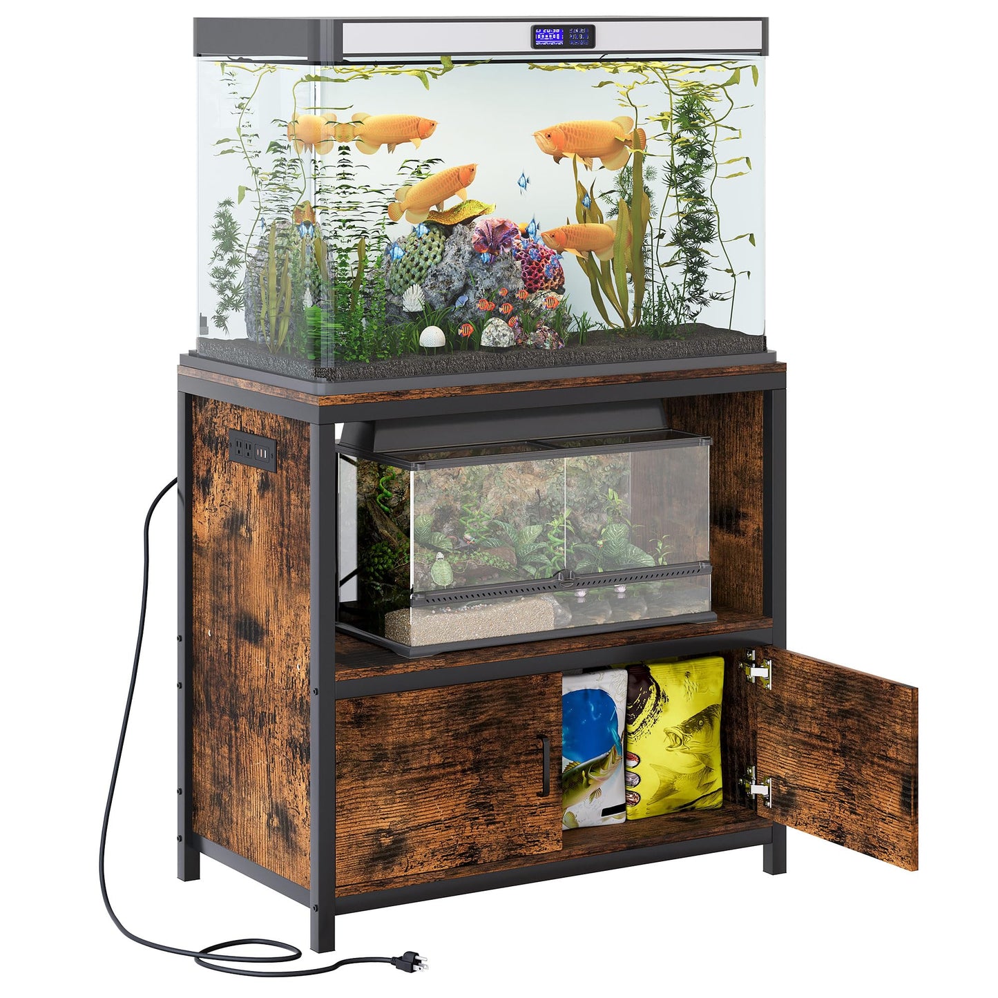 TQVAI 50-75 Gallon Fish Tank Stand with Power Outlets, Heavy Duty Aquarium Stand with Cabinet Storage Fish Tank Accessories, Large Reptile Terrarium Tank Stand, Black/Vintage
