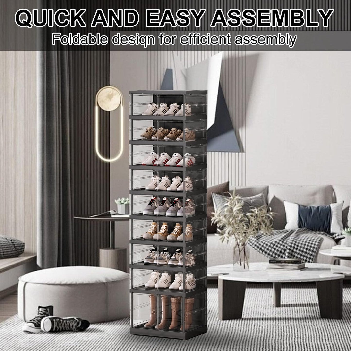 ELPHECO 9 Tier 18 Pairs Foldable Shoe Rack - Clear Shoe Rack Organizer, Folding Entryway Shoe Cabinet, Collapsible Sneaker with Magnetic Doors, Stackable Shoe Shelf,Three-Sided Clear Shoe Box, Black