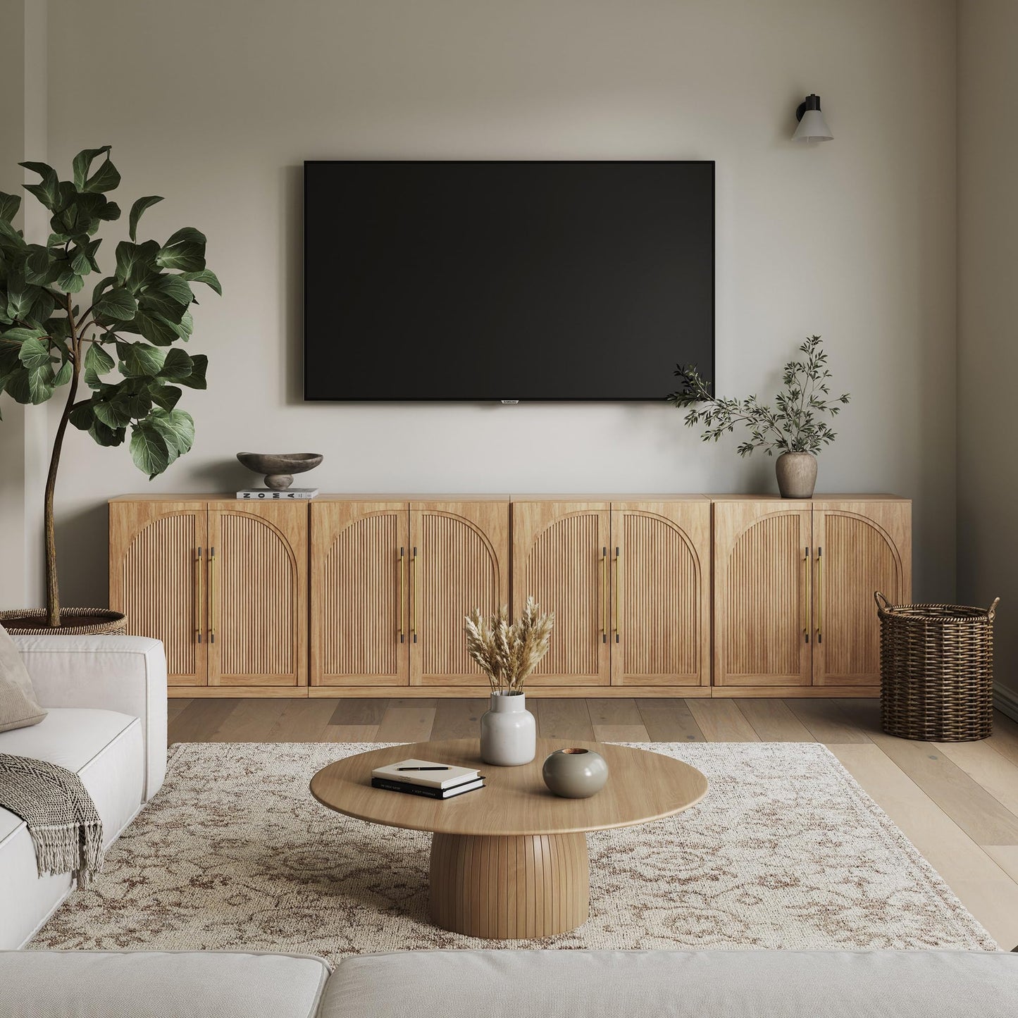 BELLEZE 4-Piece Modular TV Stand Set -Fluted Entertainment Center with Double-Arc Doors,Modern Sideboards with Adjustable Shelves,Classic Media Console Table Cabinet for Living Room (Camel)