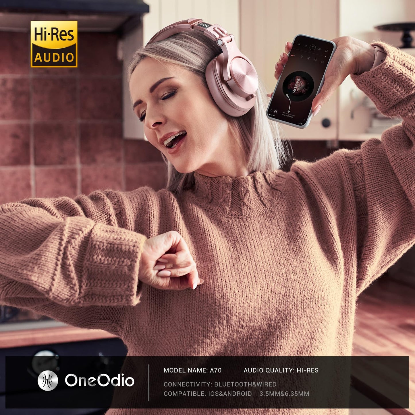 OneOdio A70 Bluetooth Over Ear Headphones, Wireless Headphones w/ 72H Playtime, Hi-Res, 3.5mm/6.35mm Wired Audio Jack for Studio Monitor & Mixing DJ Guitar AMP, Computer Laptop PC Tablet - Rose Gold