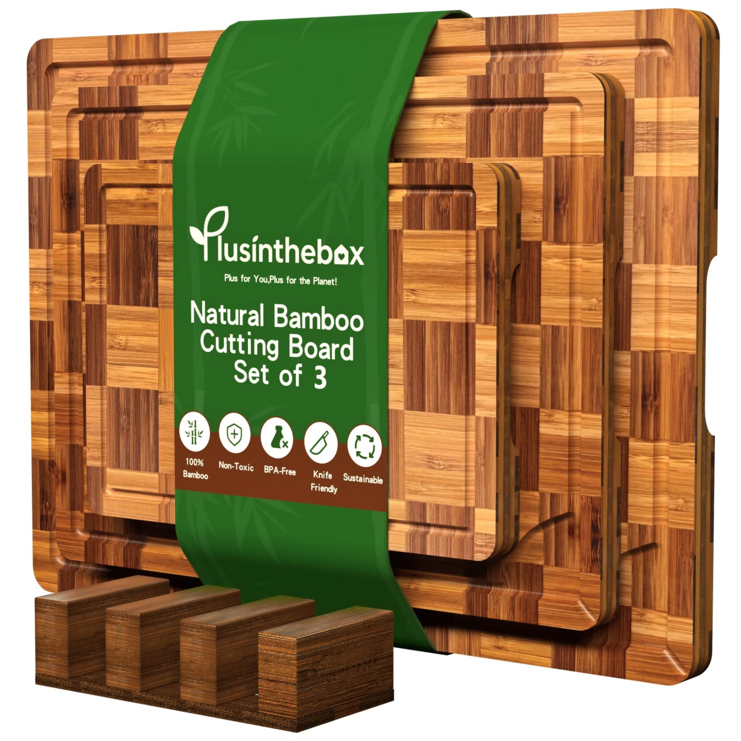 Bamboo Cutting Board Set of 3 for kitchen Checkered End Grain Chopping Boards with Storage Stand & Deeper Juice Grooves | Reversible Butcher Block for Meat, Cheese, Charcuterie & Kitchen Prep