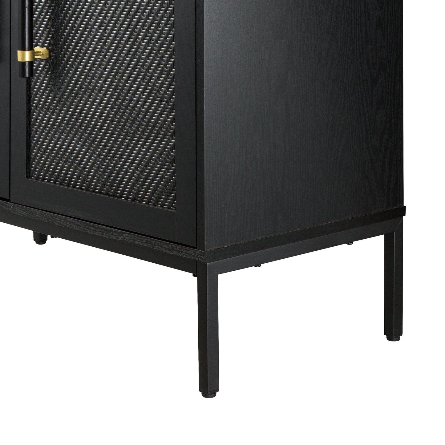 Hopper Studio Sophia 2-Door Accent Cabinet, Black Finish with Rattan Doors & Wood/Brass Handles, Adjustable Shelf, Aluminum Legs, Mid-Century Modern Storage for Luxury Living Room, Kitchen, Entryway