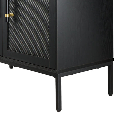 Hopper Studio Sophia 2-Door Accent Cabinet, Black Finish with Rattan Doors & Wood/Brass Handles, Adjustable Shelf, Aluminum Legs, Mid-Century Modern Storage for Luxury Living Room, Kitchen, Entryway