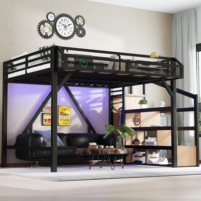 Queen Loft Bed with Stairs and Wardrobe, Queen Size Loft Bed with Charging Station, Lights and Bedside Shelf, Heavy Duty Loft Bed Frame for Adults, Teens, Kids, Noise Free, Natural Wood