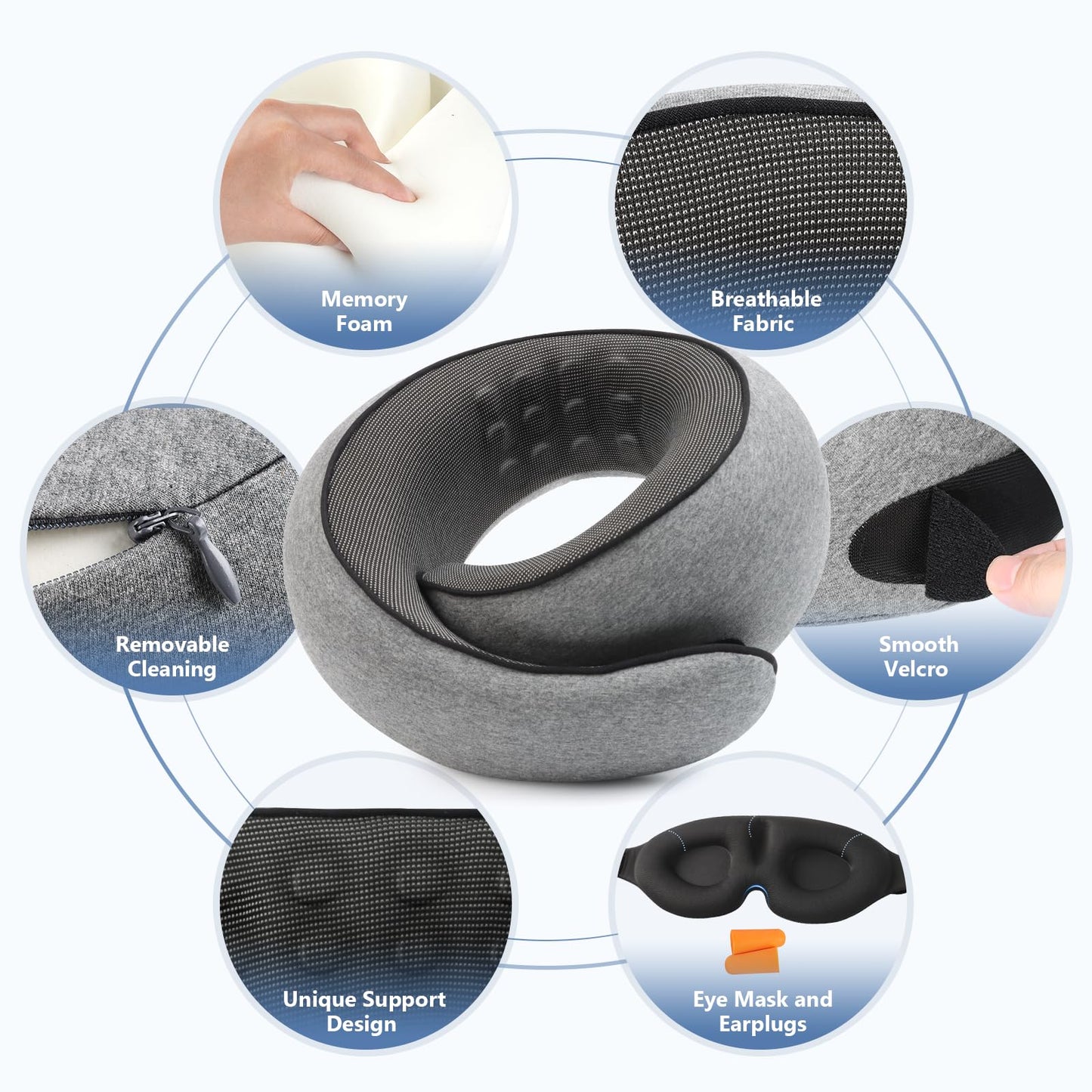 Advanced Memory Foam Neck Travel Pillow, Neck Pillow Airplane with Eye Mask & Ear Plugs, Designed for The Comfort of Travel & Office, Travel Pillow for Plane, Car, Home, Work, Dark Grey
