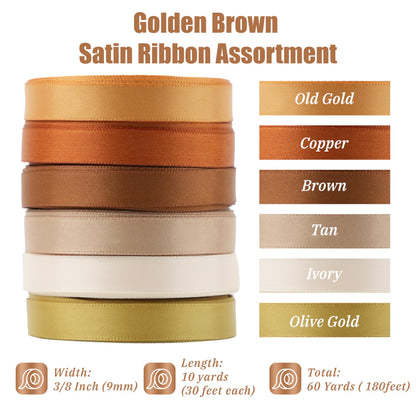 MAYREEL 3/8 Inch Gold Satin Ribbon Golden Brown for Gift Wrapping Wedding Bridal Shower Baby Shower Party Decorations 6 Rolls x 10 Yards Total 60 Yards
