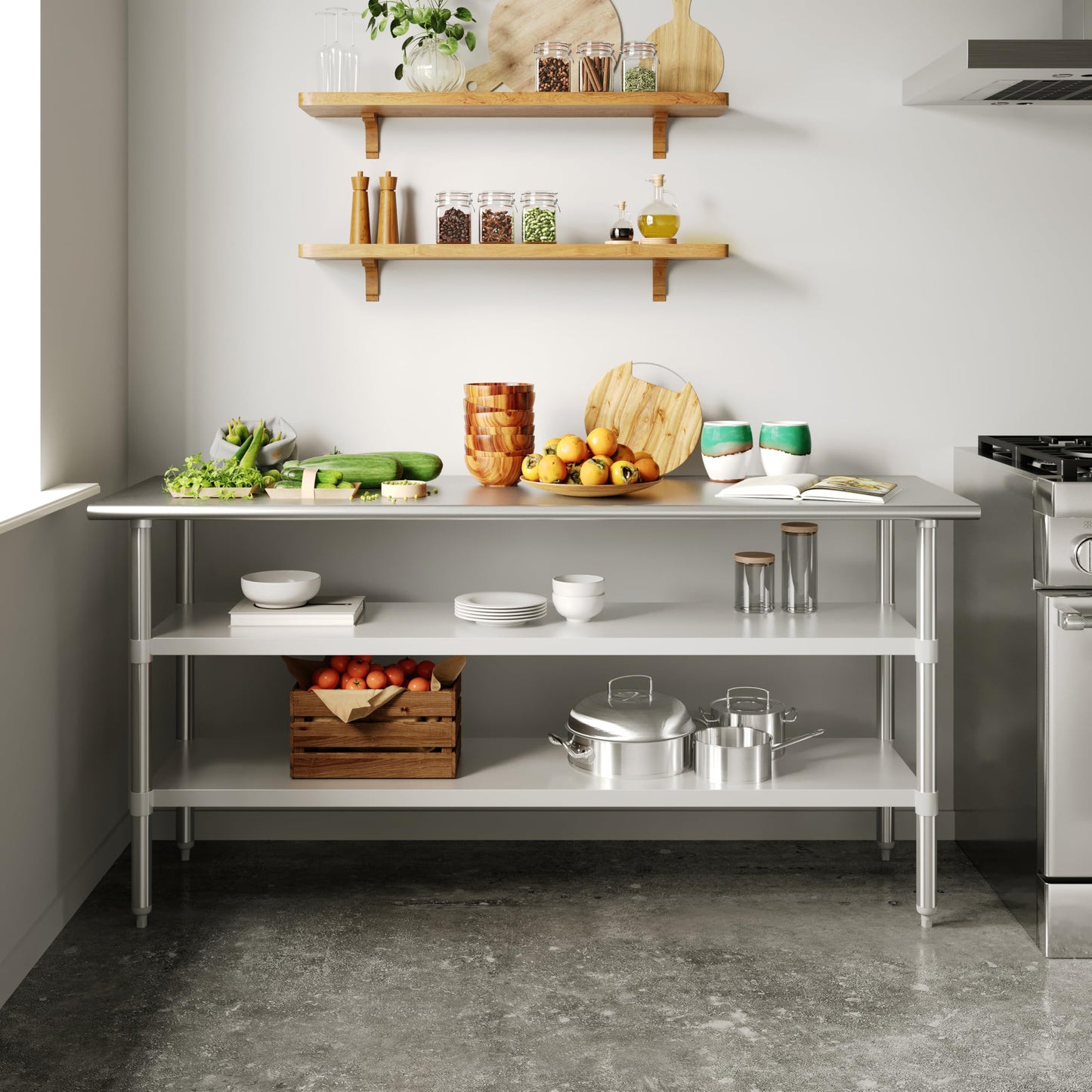 Flash Furniture Reese Stainless Steel 18 Gauge Work Table with 2 Undershelves - NSF Certified - 72" W x 24" D x 34.5" H