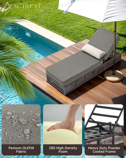 ACTREST Luxury Outdoor Chaise Lounge with 5 Inch Thickened Cushion - 1 Set High Back Brown Wicker Patio Recliner Rattan Reclining Chairs Porch Poolside Pool Sunbathing Lounger - Grey