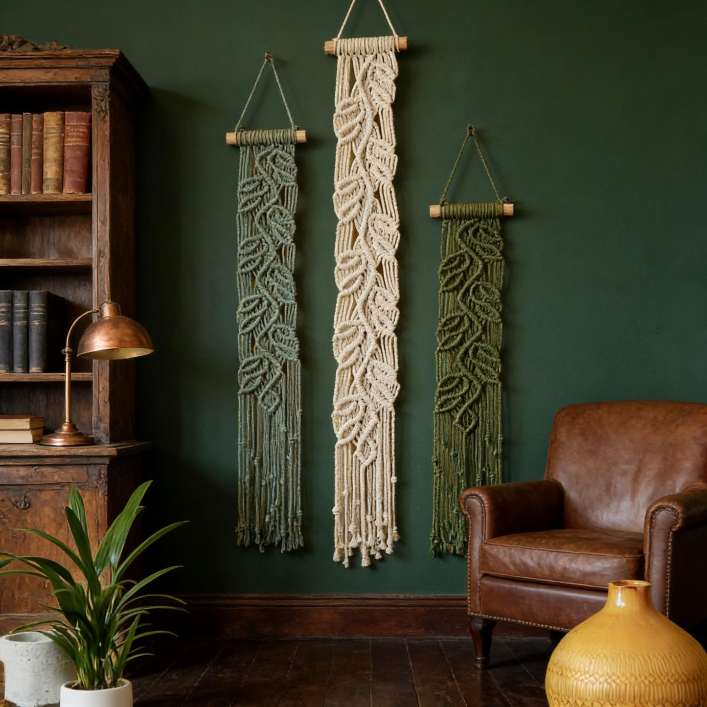 M MANUAL 3 Pcs Macrame Leaf Wall Hanging Bohemian Wall Decor Feathers Wall Art Green Fall Leaf Wall Hanging Boho Headboard Decor Wall Art