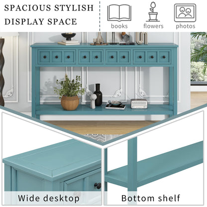 Merax Wood Farmhouse Entry Way Hallway Console Table with Drawers and Bottom Shelf Narrow Long Sidetable for Living Room Turquoise Green