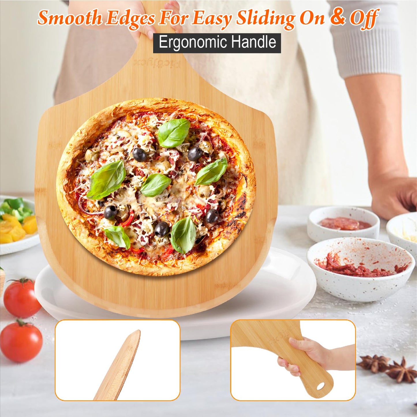 RICOJYCX 2 Pack 16 Inch Bamboo Pizza Peel, Wooden Pizza Paddle Spatula with Extended Handle, Cutting & Serving Board for Pizza, Bread, Cheese, Fruits and Vegetables