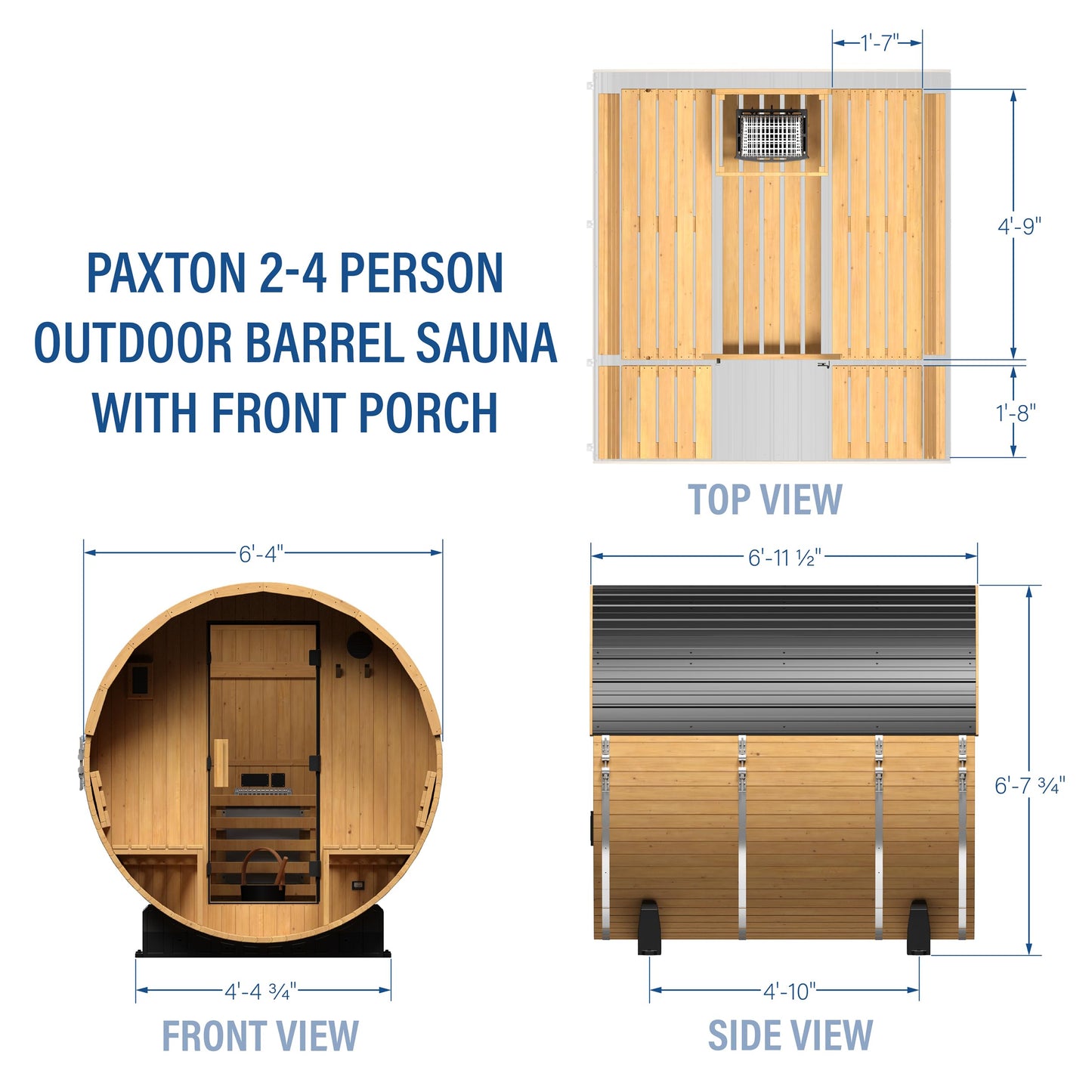 Backyard Discovery Paxton 2-4 Person Traditional Cedar Outdoor Barrel Sauna with Electric Sauna Heater, Front Porch, Sauna Rocks, Dry Heat, Steam Sauna, LED Lights, Wi-Fi Panel, Sauna Accessories