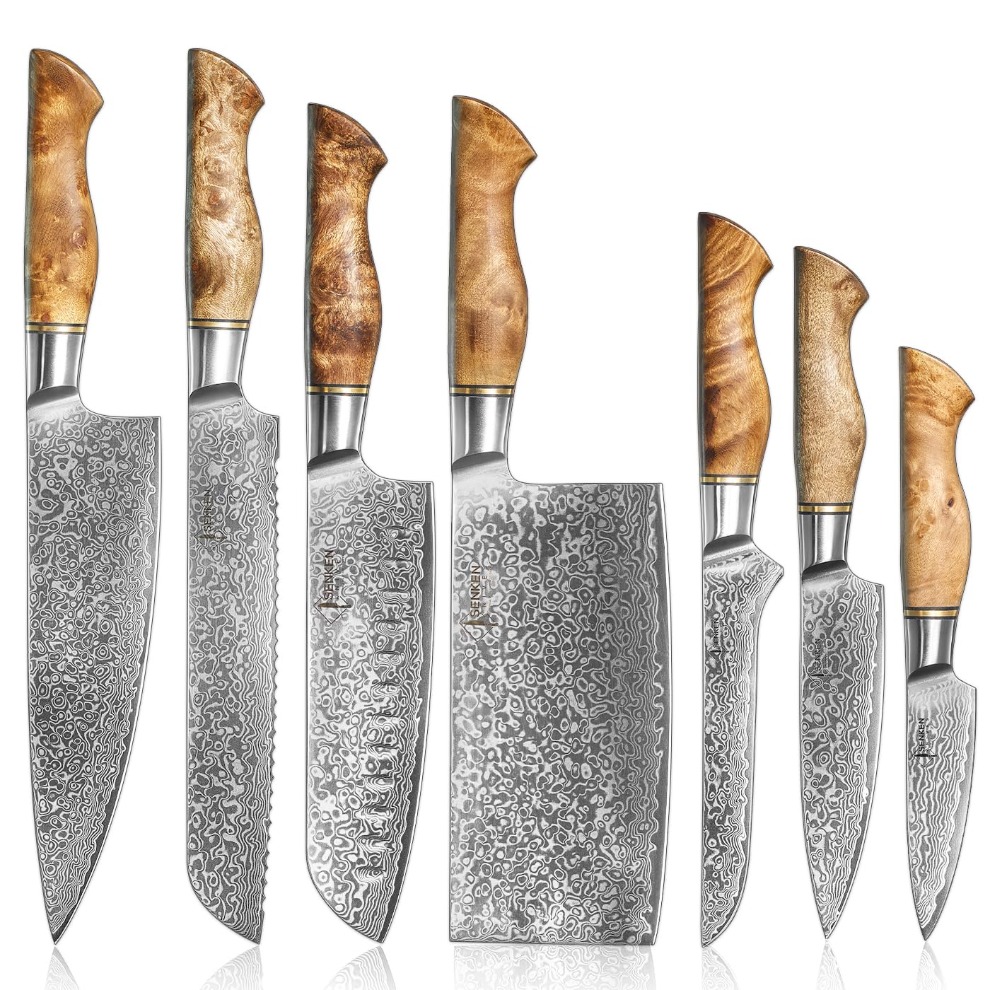 SENKEN 7-Piece Damascus Kitchen Knife Set - Dynasty Collection - 67-Layer Japanese VG10 Steel with Sycamore Wood Handles, Chef's Knife, Cleaver, Bread, Santoku, Boning, & More