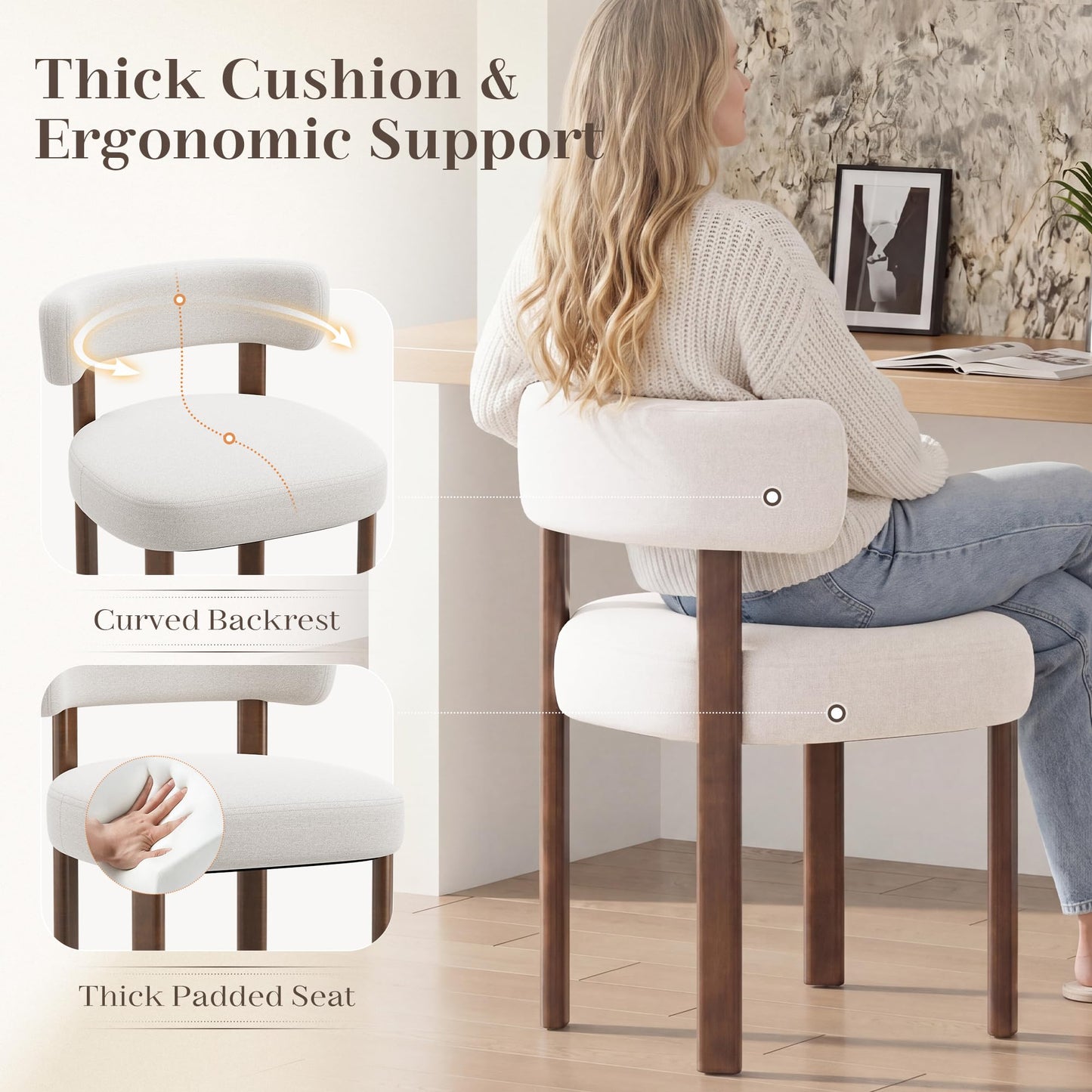 smartue Wooden Dining Chairs Set of 4, Upholstered Kitchen Chairs with Solid Wood Legs, Mid Century Dining Room Chair with Ergonomic Curved Backrest for Kitchen Dining Vanity, Beige
