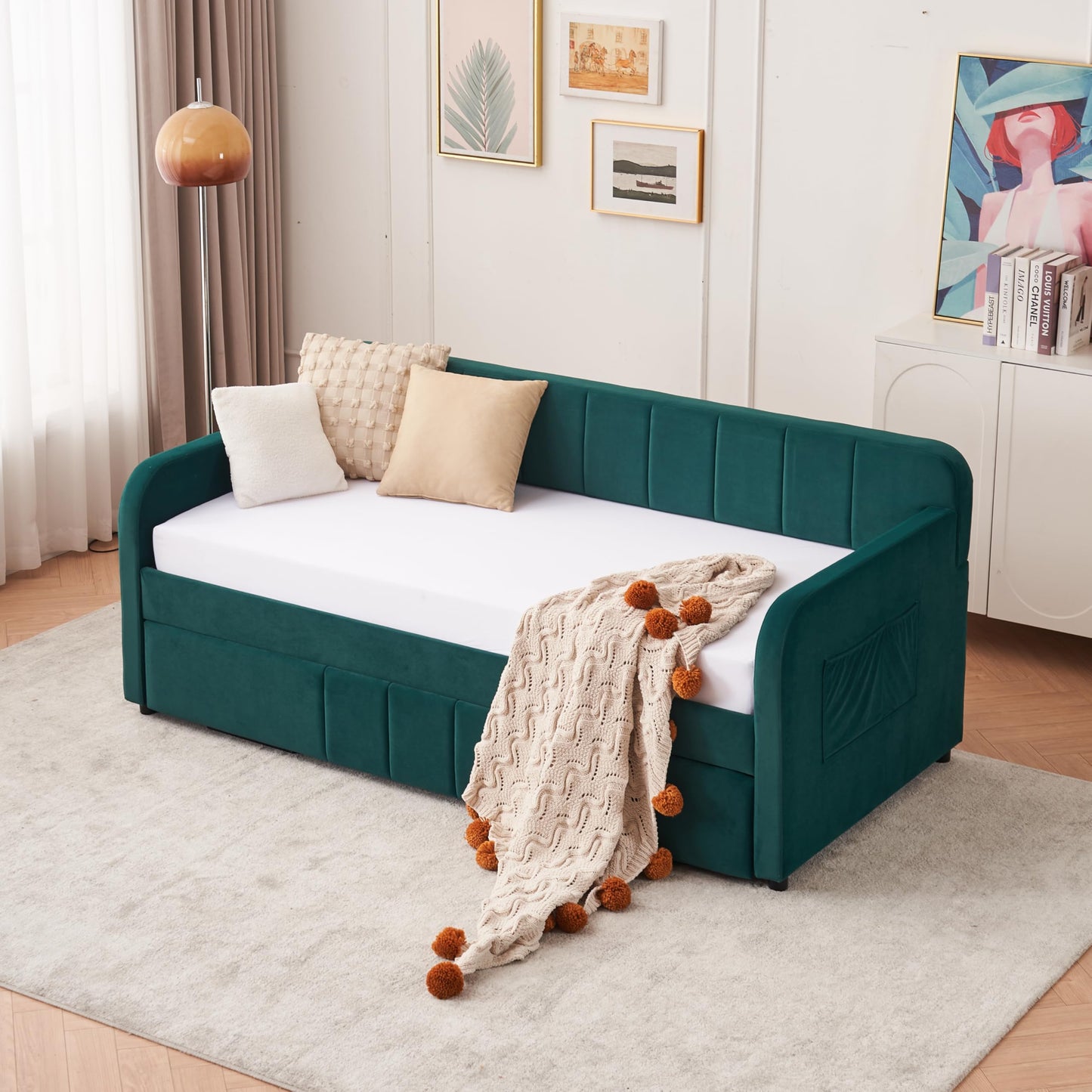 Ball & Cast Twin Size Daybed with Pop up Trundle,Velvet Upholstered Day Bed Frame with Channel Tufted Backrest,Extendable Trundle Bed with USB Port & Side Pocket,Twin to King Design,Emerald
