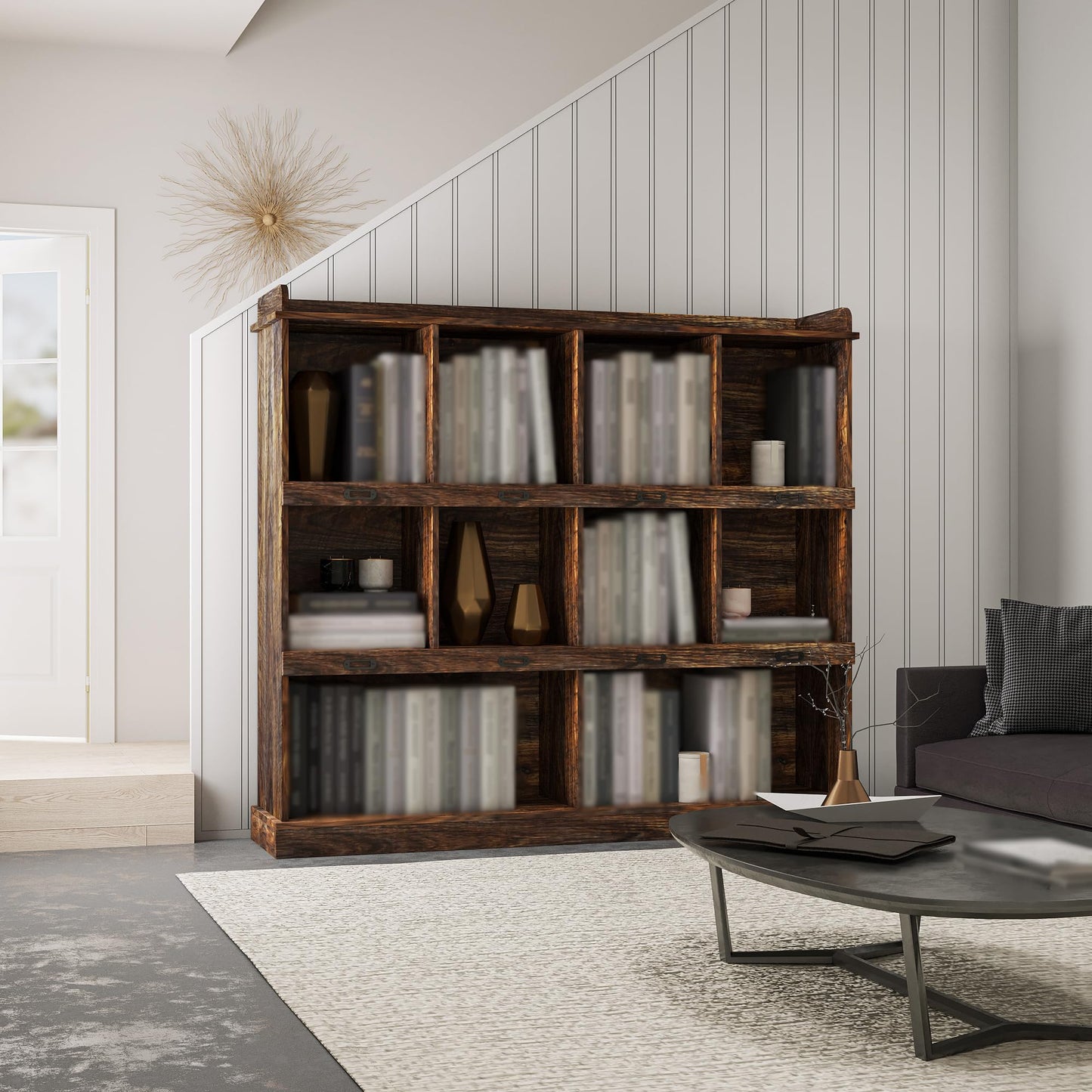 Storage Bookcase, 53" Wooden Bookshelf Bookcase with 10-Cube Compartments, Mid-Century Modern 3-Tier Freestanding Open Storage Organizer Display Cabinet for Living Room, Office, Bedroom, Espresso