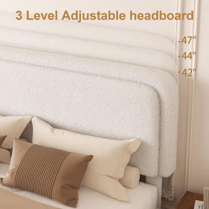 viplov Queen Size Boucle Upholstered Platform Bed Frame with Adjustable Headboard, Soft Cloud Bed, No Box Spring Needed, Noise Free, Easy Assembly, White