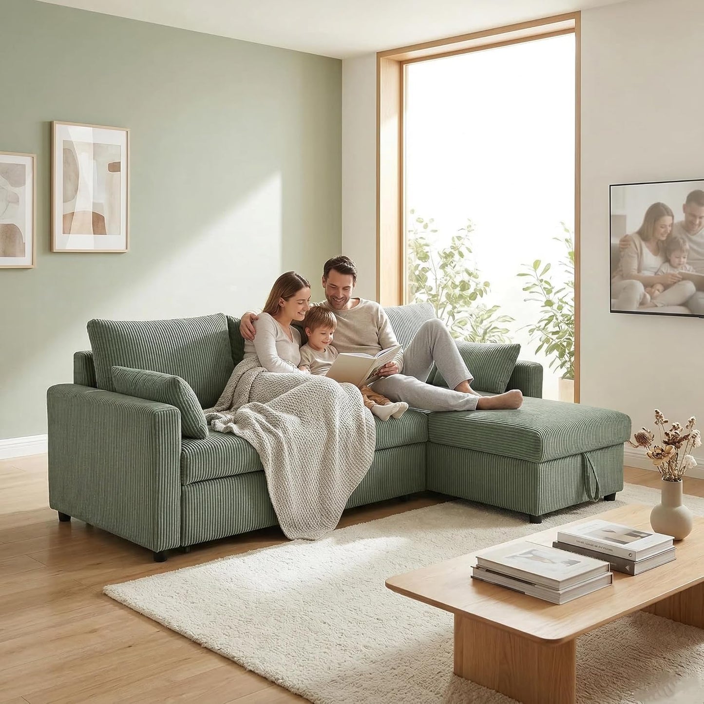 Trygoal Queen Sleeper Sofa, Convertible Sofa Bed with Storage, 85 Inch Sectional Couch with Pull Out Bed, L Shaped 3 Seat Sectional Sleeper Sofa for Living Room, Apartment, Green