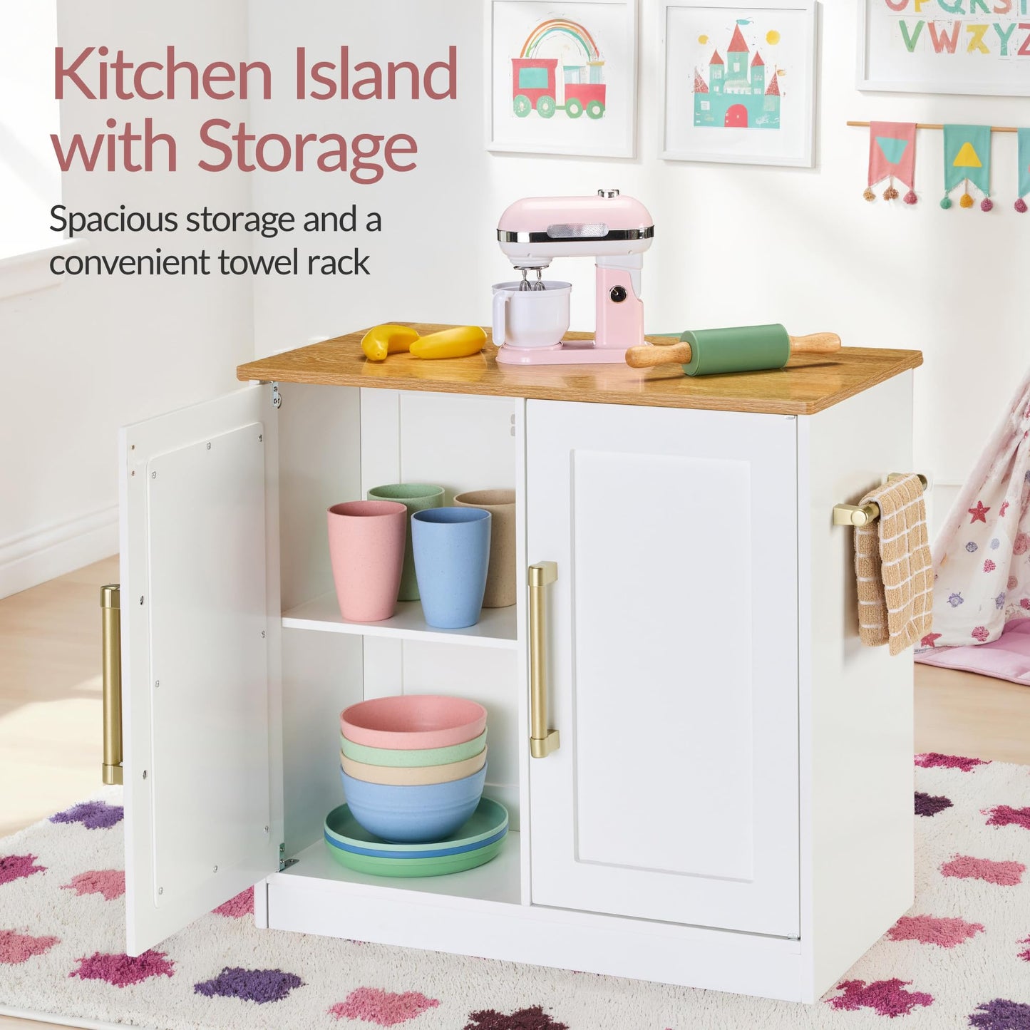 Best Choice Products Pretend Play Kitchen for Kids, Interactive Wooden Toddler Playset with Island, Espresso Machine, 17 Accessories - White