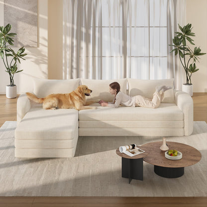 Vesgantti 6 in 1 Convertible Folding Sleeper Sofa Bed, 110.2" Modular Sectional Sofa with Curved Armrest, Chenille Boneless Couch for Living Room, No Assembly Required, Beige, Left Facing Chaise