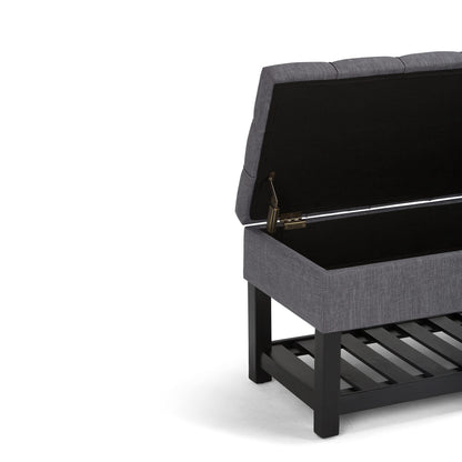 SIMPLIHOME Saxon Storage Ottoman Bench - 43 inch Wide Upholstered Linen Look Fabric Rectangle Storage Ottoman in Slate Grey, Transitional Bench for Bedroom with Tufted Lift-Top and Open Bottom Shelf