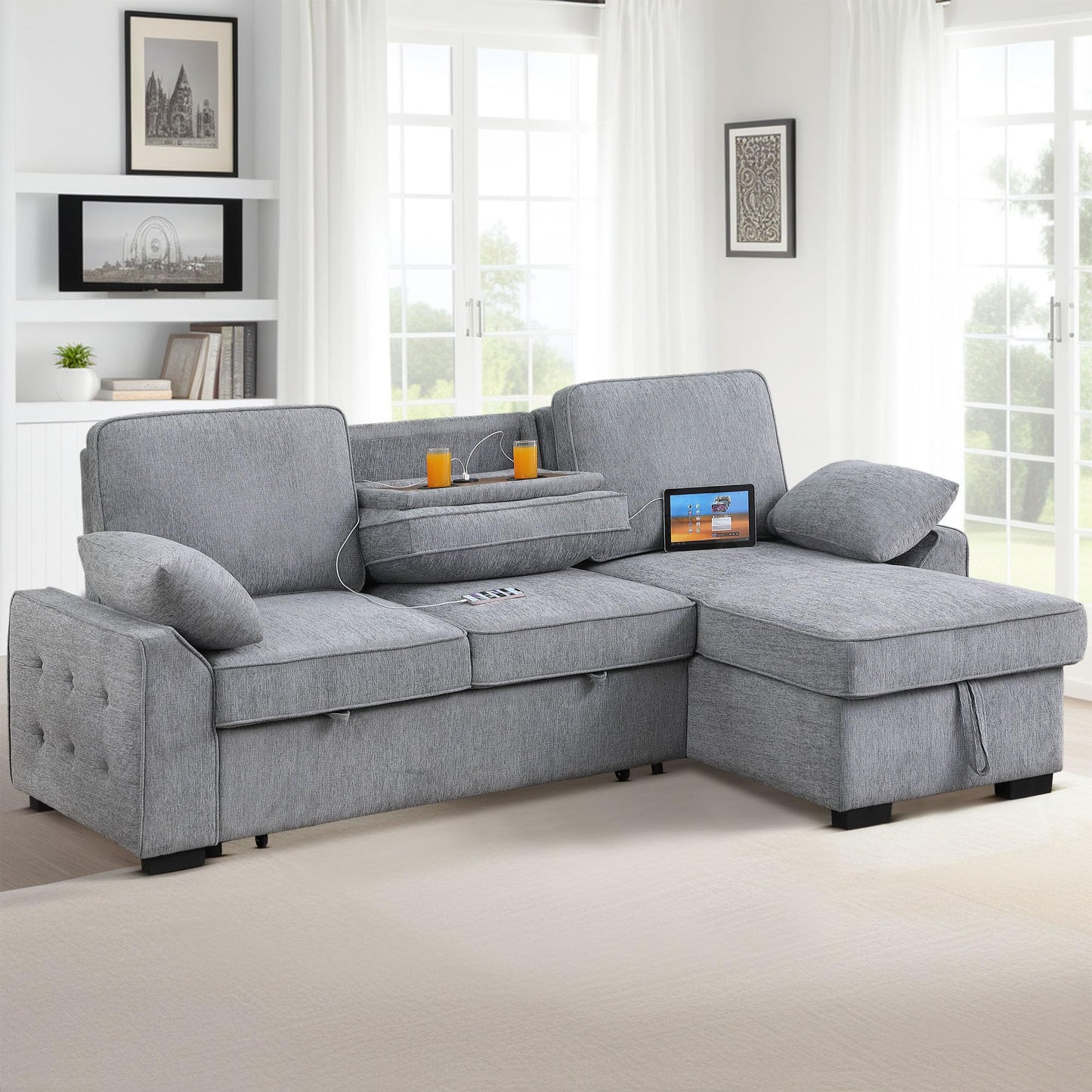 ERYE L-Shaped Pull Out Sleeper Couch Bed, Modern Chenille Upholstered Button Tufted Corner Couch Reversible Sectional Sleeper Sofa Bed W/Storage Chaise, Cup Holders