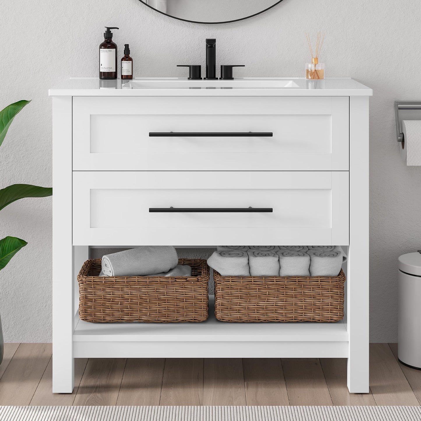 LIKIMIO 36" Bathroom Vanity with Sink, Freestanding Bathroom Vanity with 2 U-Shaped Drawers & Open Shelf, Integrated Ceramic Sink, Modern Bathroom Storage Cabinet, Easy Assembly, White