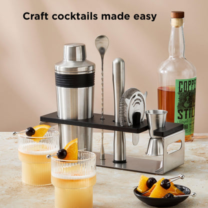 Rabbit 6-Piece Bar Tool Set - Stainless Steel Cocktail Shaker with Integrated Strainer, Muddler, Stir Spoon, Double Jigger, Hawthorne Strainer and Stand