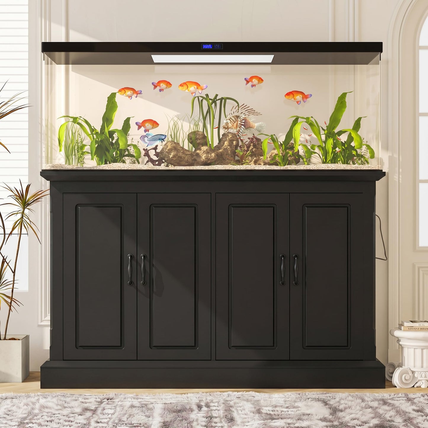Merax 55-75 Gallon Fish Tank Stand with Power Outlet, Heavy Duty Aquarium Stand with 4 Storage Cabinets, for Fish Tank, Turtle Tank, Reptile Terrarium, Black