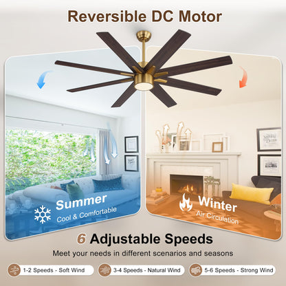 WINGBO 64 Inch Ceiling Fan with Light - 8 Plywood Blades, 6-Speed Reversible DC Motor, Noiseless Remote Control Ceiling Fans with Lights for Bedroom Living Room Kitchen, Gold and Walnut/Black