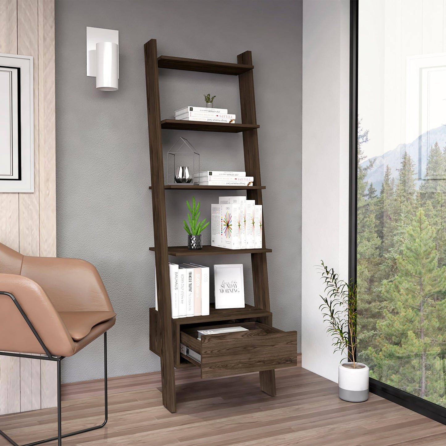 Adigyco Bookcase, One Drawer, Five Open Shelves, Dark Walnut,Five Open Shelves (11,81''H X 20,07''W)