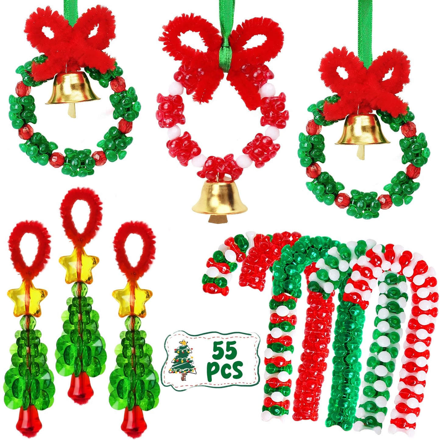 AWHETIE Christmas Crafts for Adults Kids,55 Sets Christmas Beaded Ornament Kit,Including 20 Pcs Wreath with Bell/5 Pcs Tree/30 Pcs Candy Cane,Holiday Tree Decorations Party Supplies