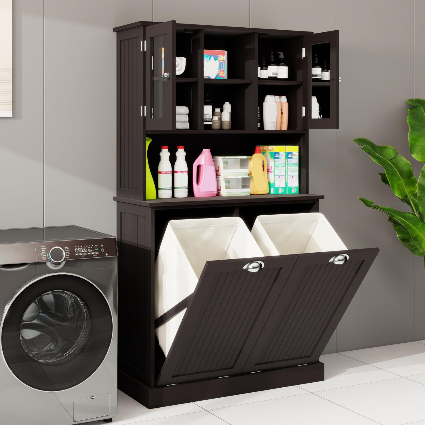 Sang Seiyoga Tilt Out Laundry Hamper Cabinet, Double Compartment Sorter Tall Organizer with 2 Adjustable Shelves & Top Shelf, Space Efficient for Bathroom/Dorm, Easy Clean Interior Black