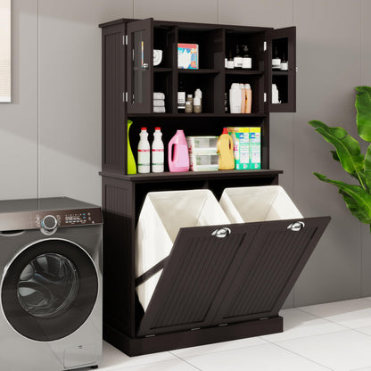 Sang Seiyoga Tilt Out Laundry Hamper Cabinet, Double Compartment Sorter Tall Organizer with 2 Adjustable Shelves & Top Shelf, Space Efficient for Bathroom/Dorm, Easy Clean Interior Black