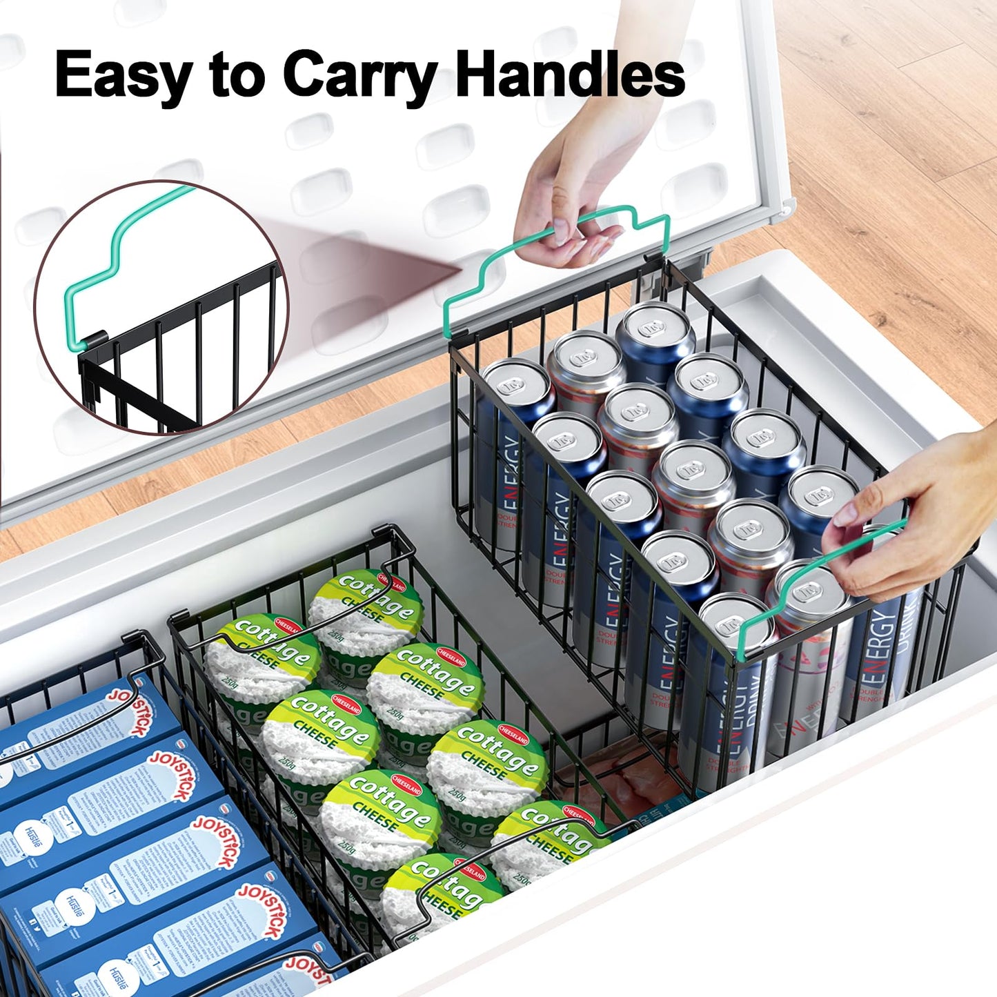MSERCUOR Freezer Organizer Bins, 4 Pack Stackable Deep Chest Freezer Organizer Bins, Foldable Baskets with Handles, Black Storage Container Baskets for 5/ 7 Cu.FT Deep Freezer Sort Frozen Meats
