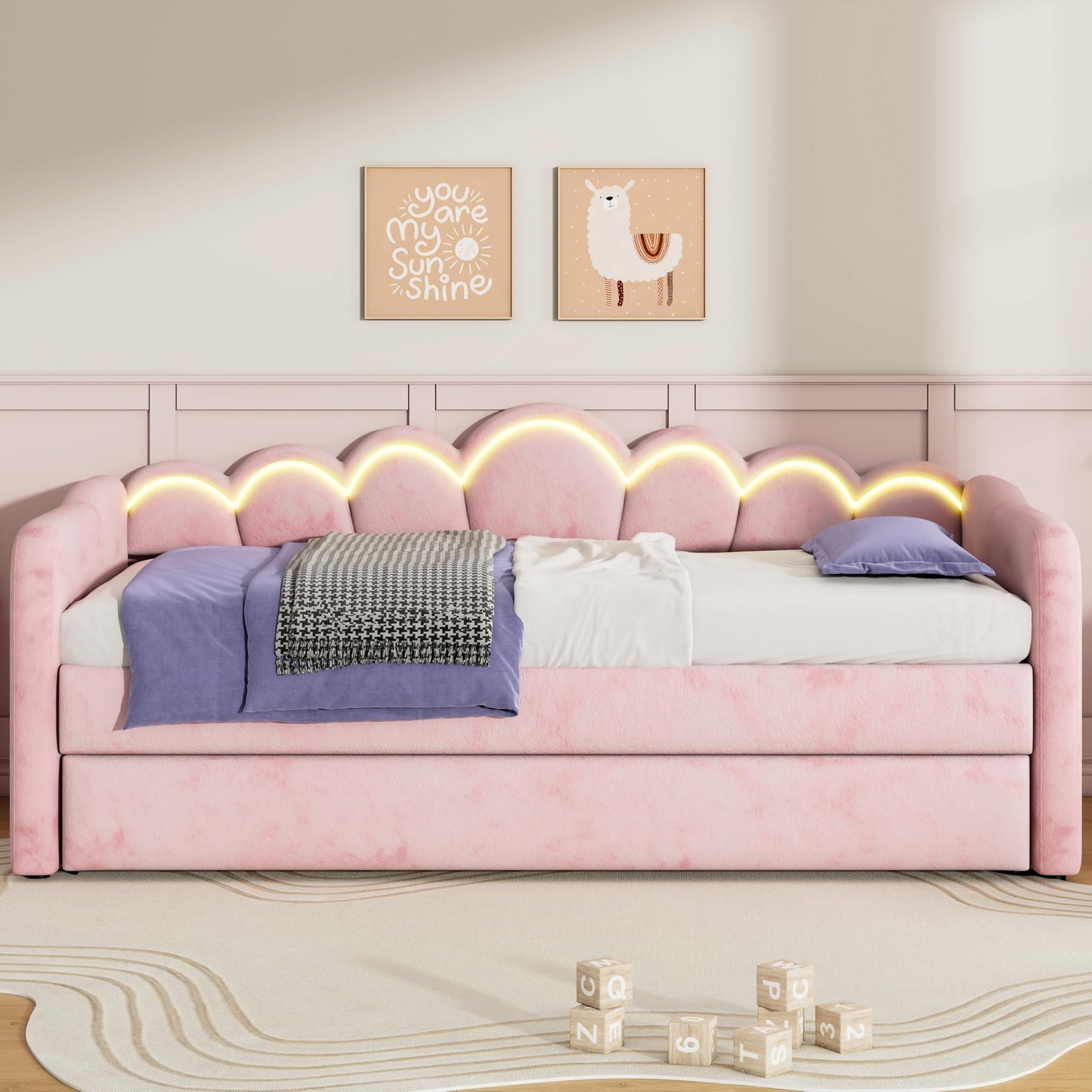 Merax Twin XL Size Upholstered Daybed with Trundle & Adjustable LED Lights, Velvet Trundle Bed, Trundle can be Flat or Erected, Sofa Day Bed for Bedroom Guest Room, No Box Spring Needed, Pink