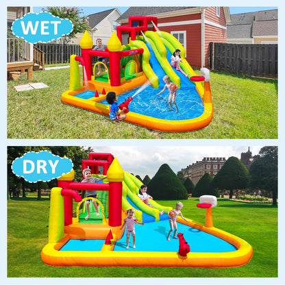 MIRUNAIR Inflatable Bounce House with Slides, Inflatable Water Slide for Kids Backyard, Bounce Water Prak with Air Blower, Splash Pool, Water Cannon, Climbing Wall, Outdoor Backyard Water Park