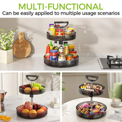 2-Tier Lazy Susan 360° Rotating Turntable Organizer Rack with Handles Height Adjustable, Spice Rack Holder Organizer for Cabinet, Pantry Organizers Bathroom Countertop Storage (Dark Gray)