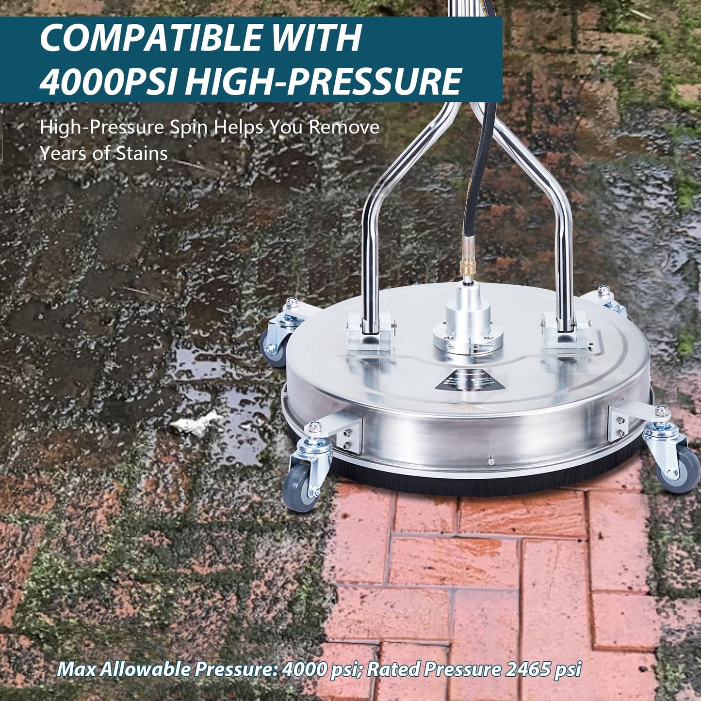 Pressure Washer Surface Cleaner w/Handles & Wheels, Stainless Steel Concrete Cleaner 4000 Max PSI, 3/8" Connector & 1/4" Adapter Power Washer Floor Attachment for Driveways, Sidewalks,Patios,Deck