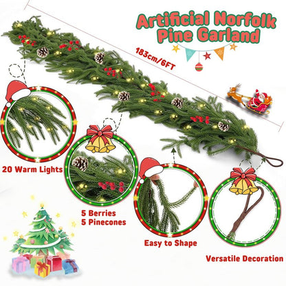 6FT Norfolk Pine Garland with Light for Christmas Decoration, Artificial Christmas Garland Without Chemical Scent, Real Touch Cedar Garland for Mantle,Table, Fireplace, Wall and Outdoor Decoration