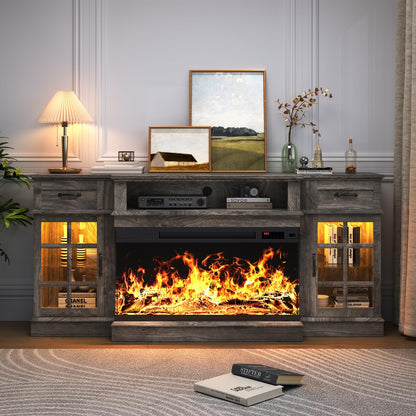 MXV 70" Fireplace TV Stand, 3-Sided Glass Fireplace and Modern Entertainment Center, Wooden Media Console with Glass Doors & Storage Drawers, LED Light, for Living Room, Grey