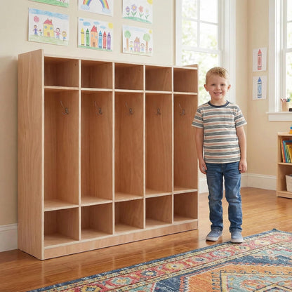 Garvee Kids Coat Locker with Bench for Classroom, Smooth Wood Surface 10 Cubbies, Daycare Cubby with 4 Hidden Casters & 5 Hooks & 2 Storage Boxes, Storage Organizer for Kindergarten, Home, School