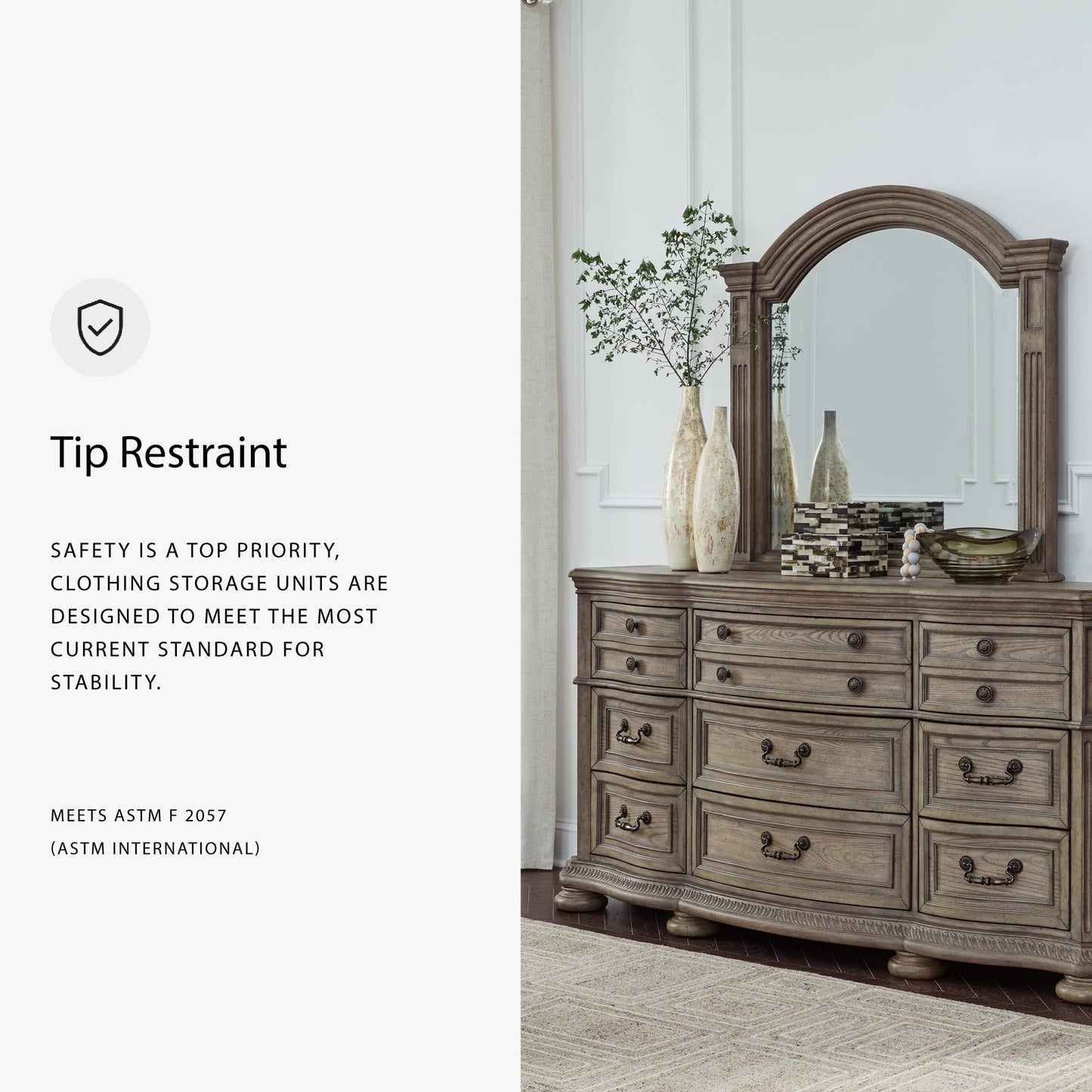 Signature Design by Ashley Ardenfield Traditional 9-Drawer Dresser and Mirror with Safety Stop and Felt-Lined Top Drawer, Dark Brown