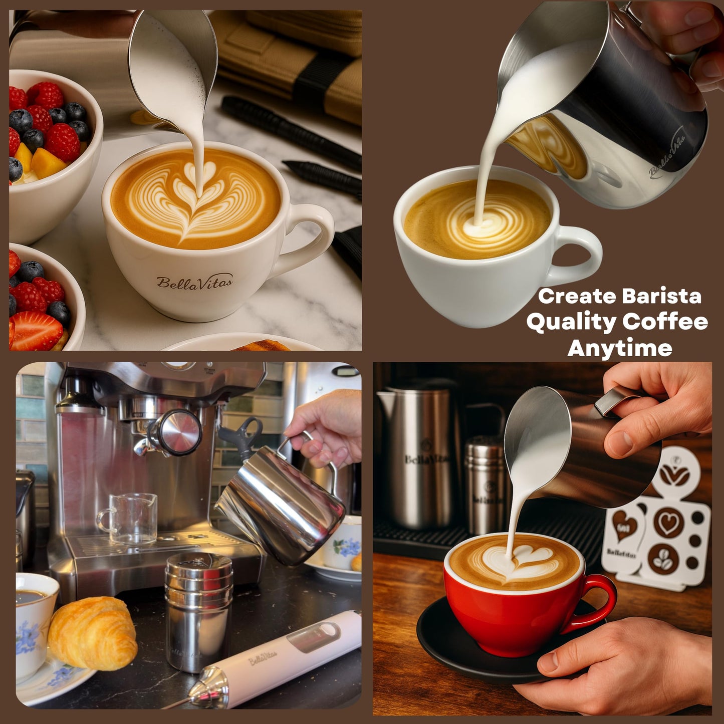 BellaVitas Milk Frothing Pitcher Set 20oz/600ml, 304 Stainless Steel Milk Frother Cup with Cocoa Shaker, Latte Art Pen, Stencils, Espresso Machine Accessories & Coffee Barista Tools Latte Pitcher Gift