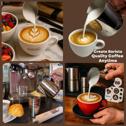 BellaVitas Milk Frothing Pitcher Set 20oz/600ml, 304 Stainless Steel Milk Frother Cup with Cocoa Shaker, Latte Art Pen, Stencils, Espresso Machine Accessories & Coffee Barista Tools Latte Pitcher Gift